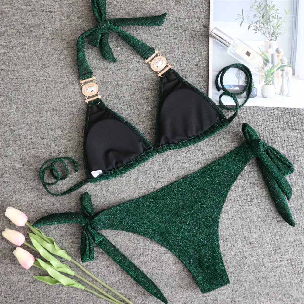 2024 Shiny Rhinestone Bikini Diamond Swimsuit Women Metal Chains Swimwear Fa Two Pieces Bikini Set Halter Bathing Suit SwimXJ241212