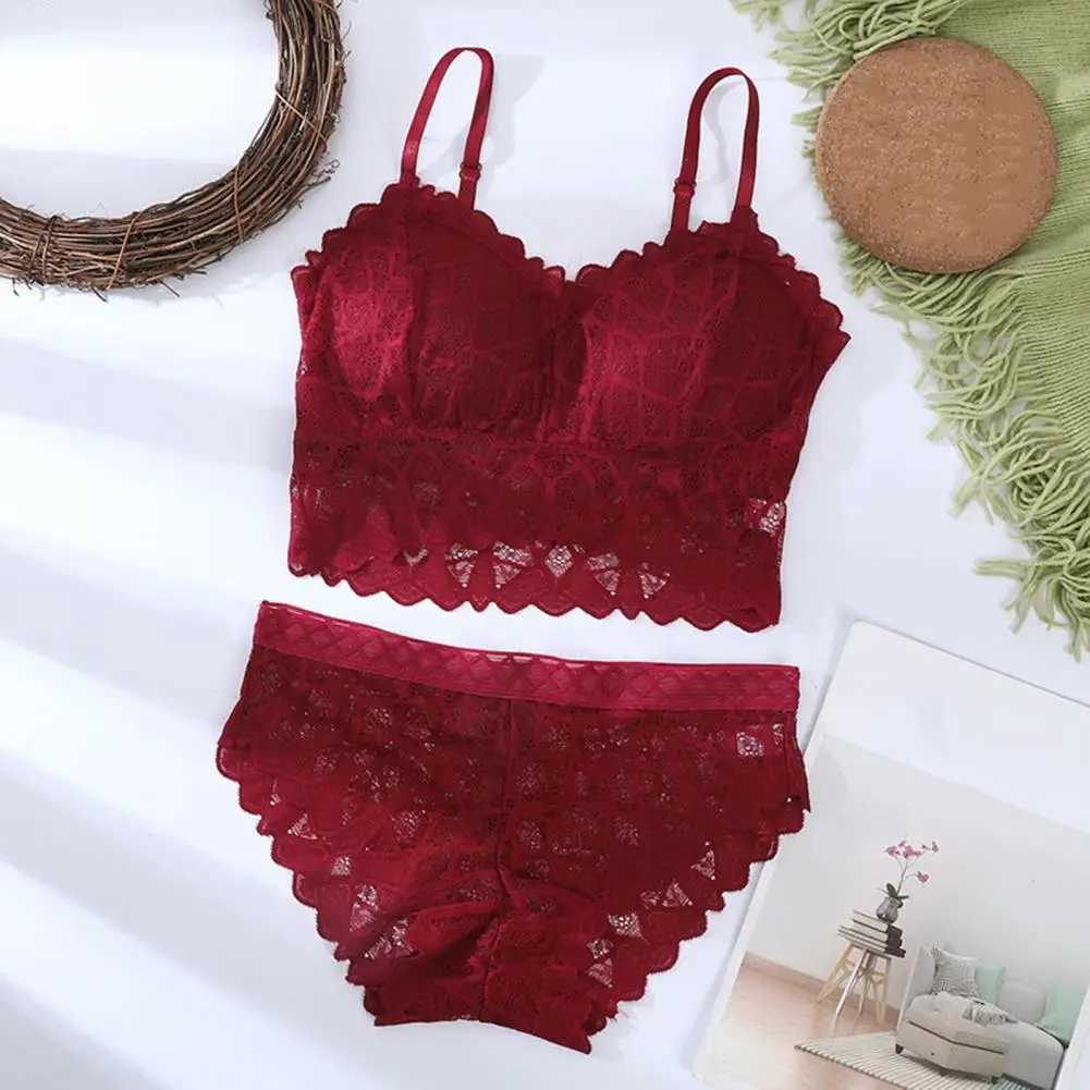 2 Pcs/Set Women Underwear Set Solid Color Hollow Out Lace Adjustable Strap Seamless Wireless High Waist Soft Elastic Anti-septicXJ241212