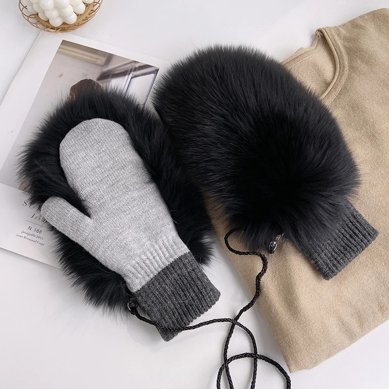 Real Fox Fur Gloves Knitted Women Mittens Winter Girls Fashion Fluffy Warm 100% Real Fox Fur Gloves 241212