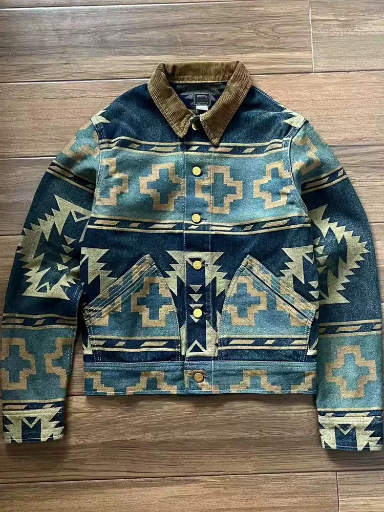 RRL 30th Anniversary Western Jacquard Heavy duty Laundry Denim Jacket American Retro Coat Corduroy Collar 241211