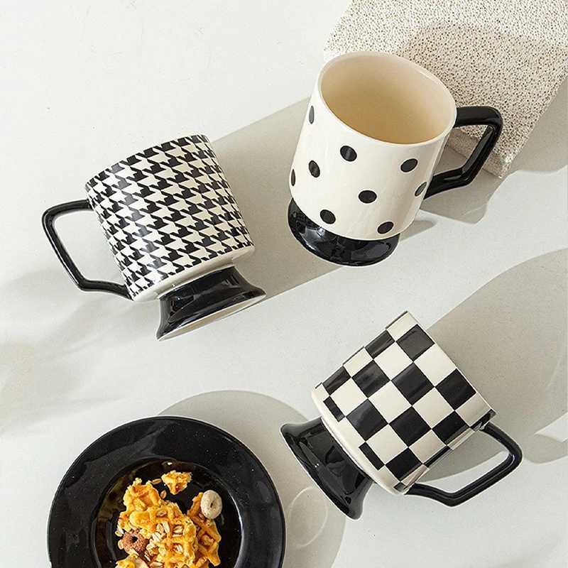 1 piece of European simple coffee GS luxury espresso GS black and white checkered ceramic GS milk GS tea cup creative gift Y241211