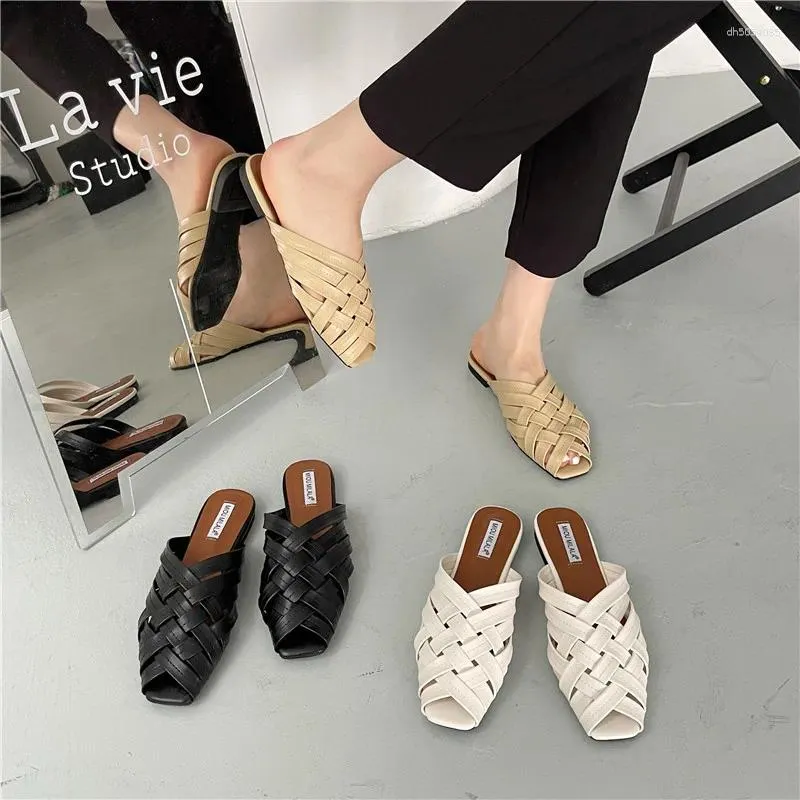Slippers Cover Toe Mules For Women 2024 Shoes Female Low Slides Fashion Square Flat Fabric Hoof Heels Rome PU Spring