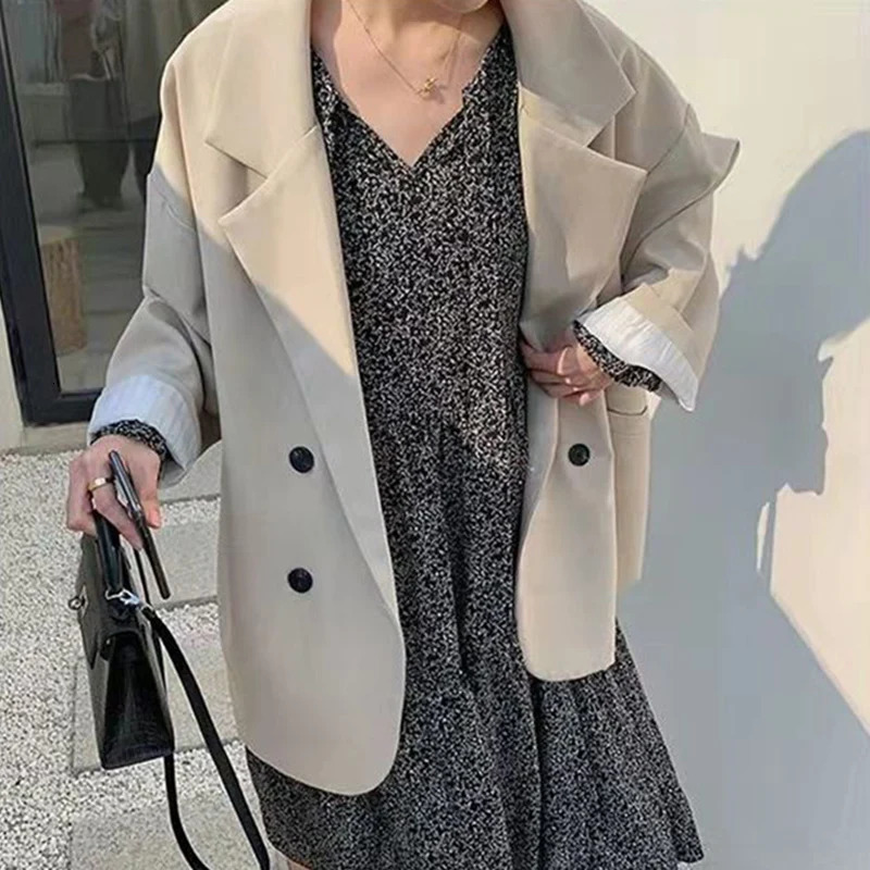 Vintage womens jacket elegant solid loose jacket spring autumn casual oversized office suit womens work long sleeved minimalist jacket 241211