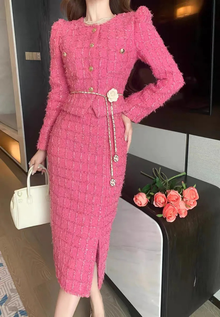 TwoPiece Set for Women Cropped Tweed CoatSplit Half Skirt Elegant Female Slim Fitting Suit Casual and Trendy Spring 241211