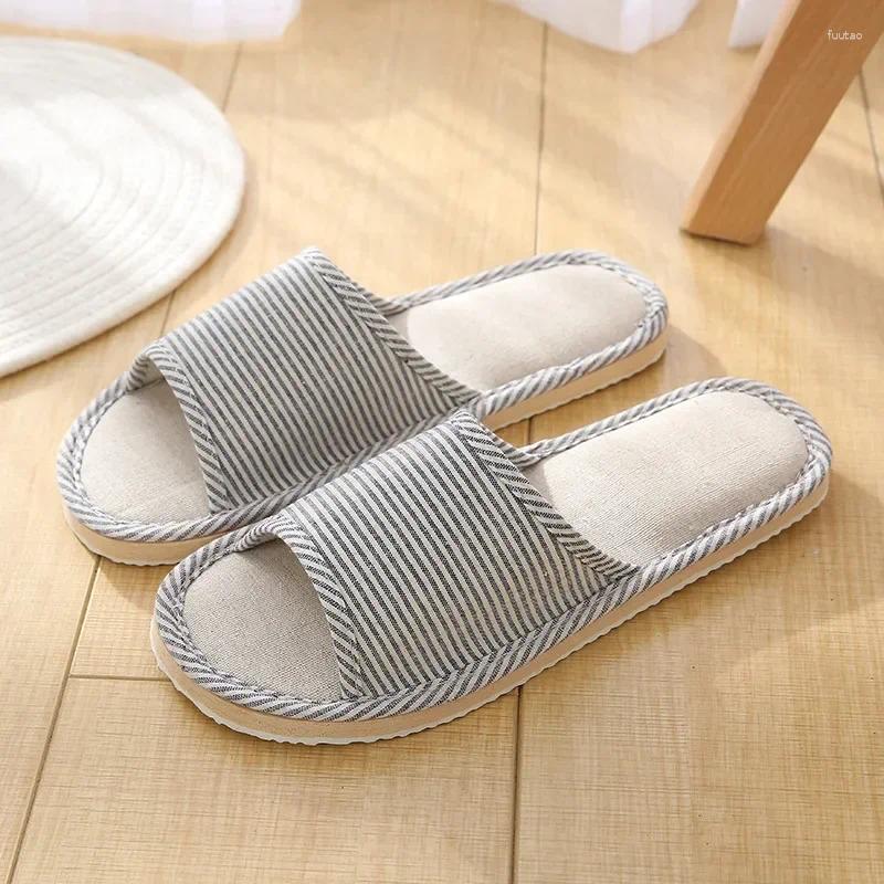 Slippers 2024 All Seasons Women's Linen Men Comfortable Slides Adults Open Toe Soft Flats Silent Home Sandals Couples Shoes