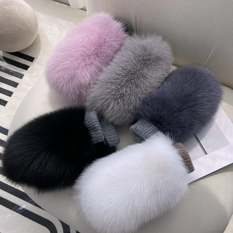 Real Fox Fur Gloves Knitted Women Mittens Winter Girls Fashion Fluffy Warm 100% Real Fox Fur Gloves 241212