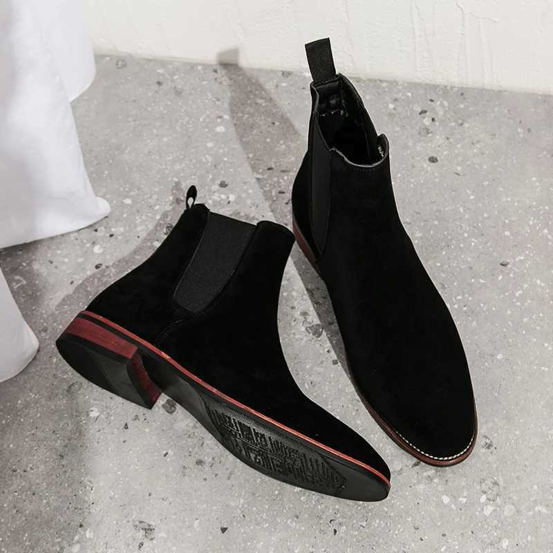 New Chelsea Boots for Men Business Cow Suede Pointed Toe Slip- Solid Mens Formal Boots Size 38-46 Vintage Mens Ankle BootsXJ241212