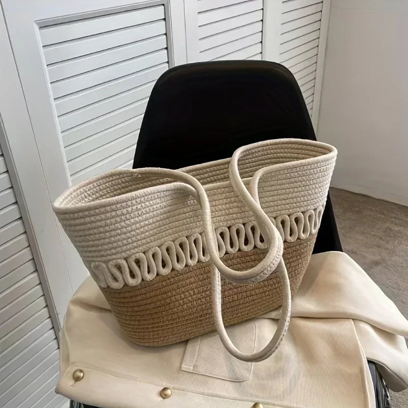 Knitting Kits Fabric Khaki Beach Bag Large Capacity Handmade Straw Summer Holiday Leisure Women Bags Shopping 241203