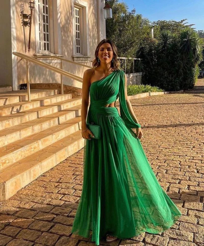 Fashionable Green Ribbon Party Sexy One Shoulder Hollow Evening Elegant Sleeveless Womens Ball Dress 241211