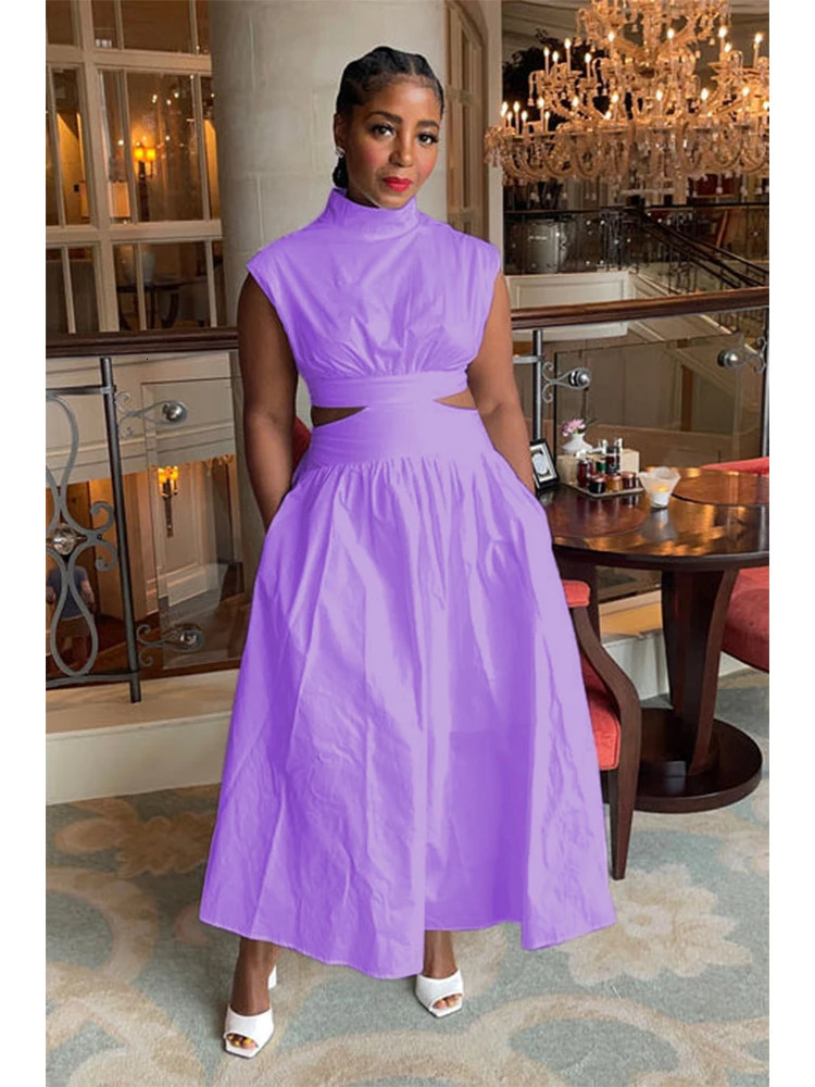 Plain collar plus size dress sleeveless white dress A-Line elegant pocket summer fashion casual party hollow dress 241211