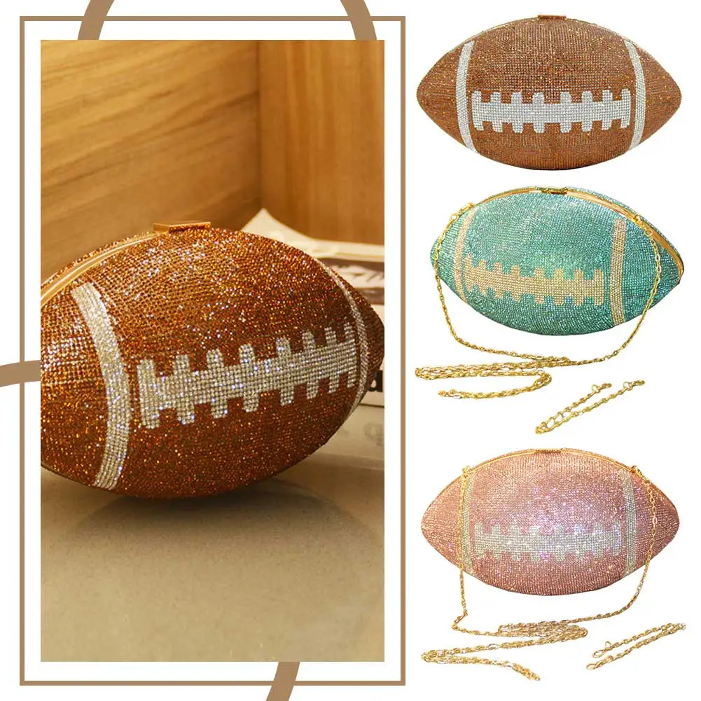 Football Shape Clutch Bag Large Capacity Rhinestone Fashion Handbag Creative Bling Purse with Shoulder Chain for Wedding Banquet 241212