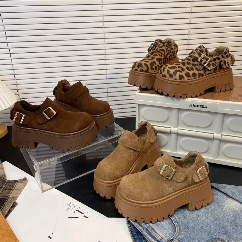 Ladies Shoes Buckle Strap Fashion Leopard Print Casual Pumps Women Round Toe Platform Heels Zapatos Mujer 241211