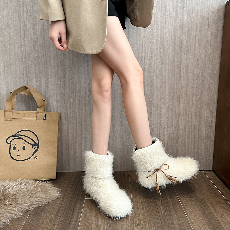 Women Boots:Plush hot Cute Designer Shoes New British Style Round Toe Flat Bottom Warm Snow Boots,Black/White/Coffee,Free shipping