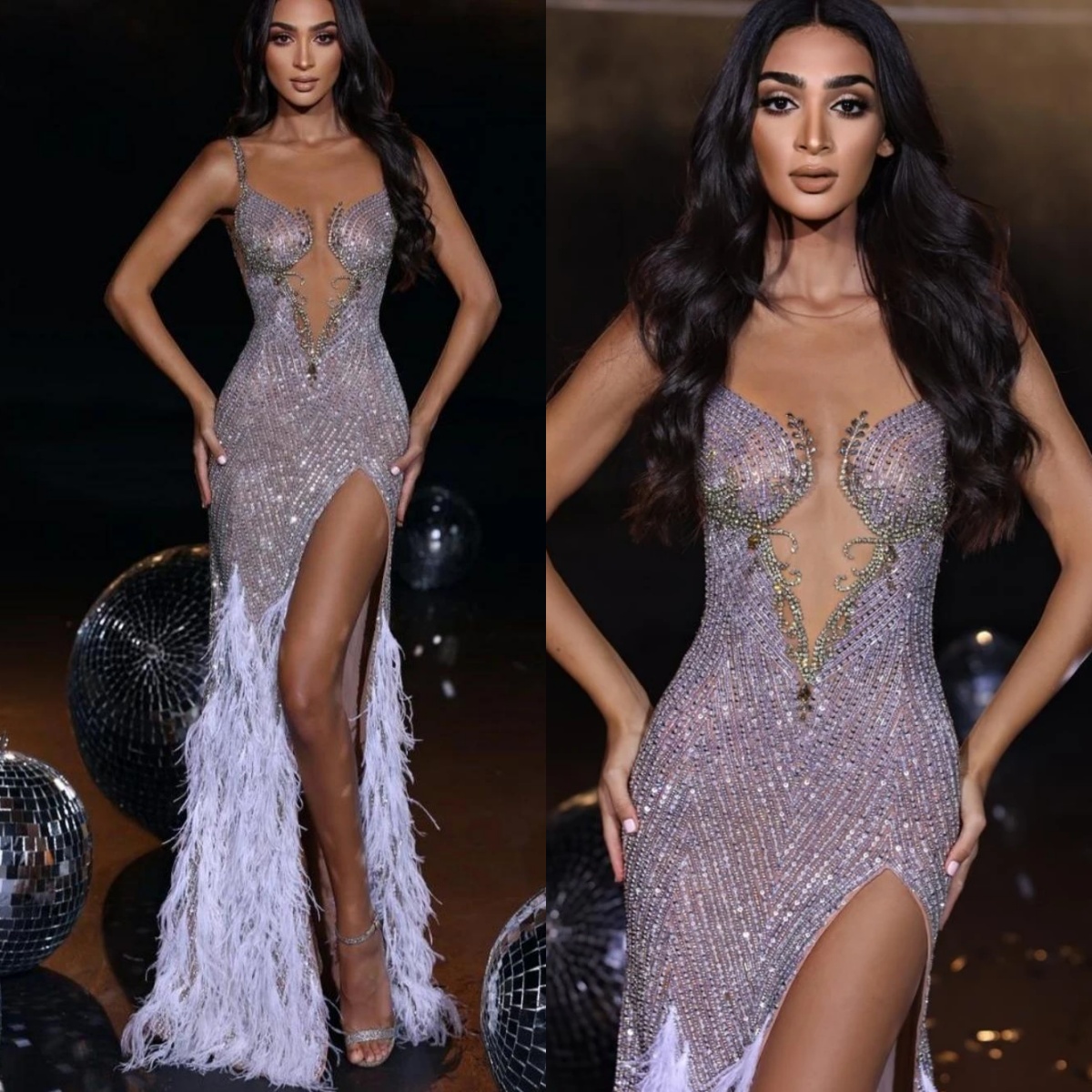 Sexy Evening Dresses For Women Sheer Neck Sleeveless Gown Sequins Feather Crystal Split Side Sweep Train Customized Dress