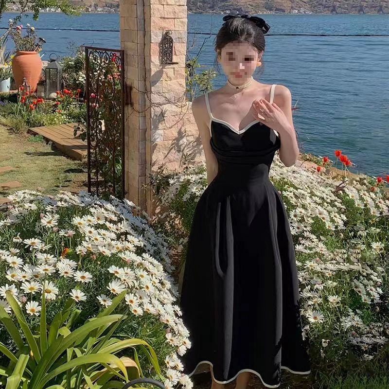 J161 Fashion French Elegant High-grade Dress Spring and Summer Large Size Hepburn Style Retro Suspender Long Dress Women