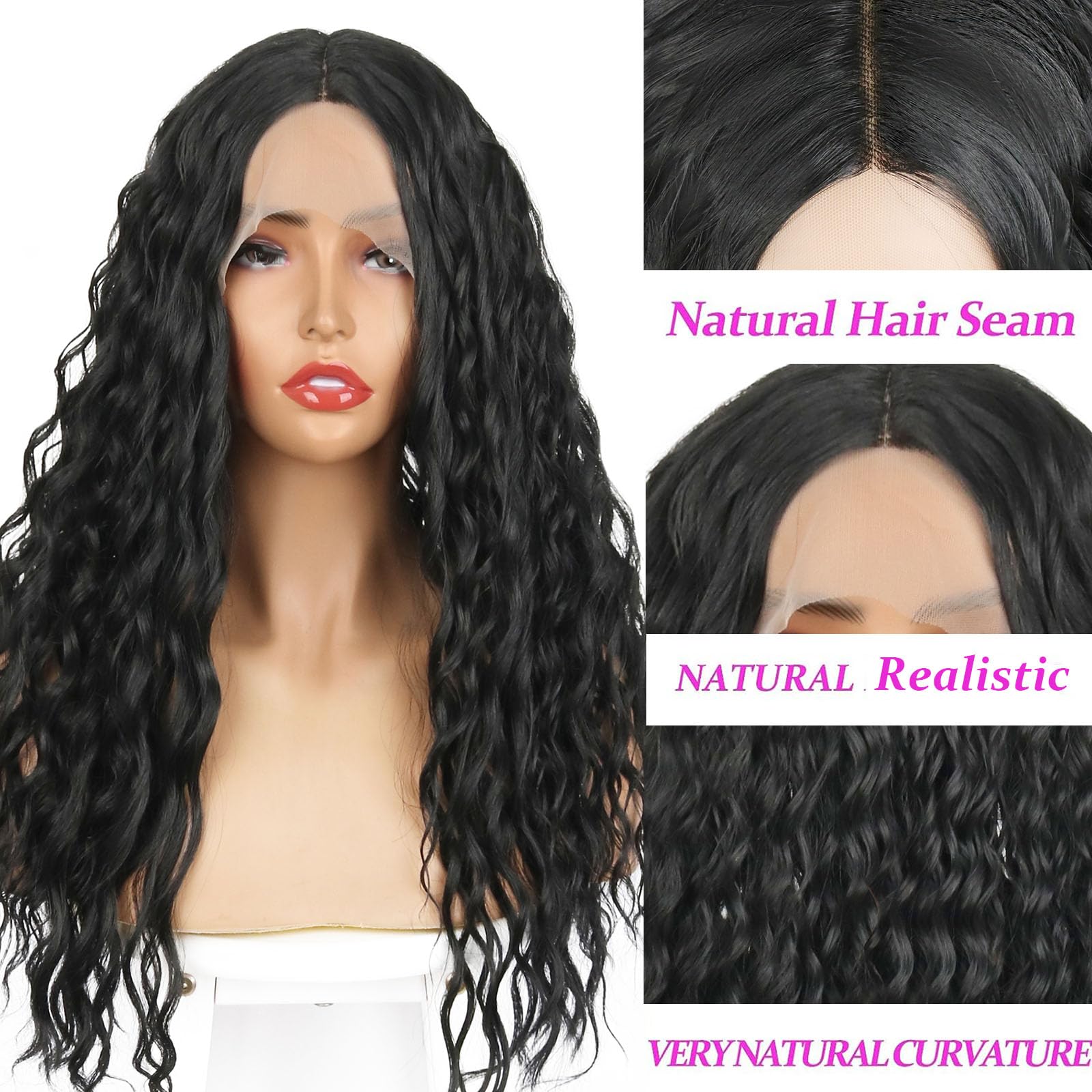 34Inch Long Natural Deep Wave Synthetic Wig 13x4Lace Front Black Curly Wigs 200Density Heat Resistant Fiber For Black Women