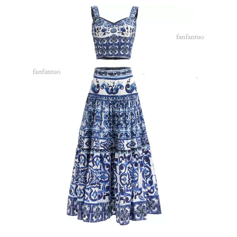 Two Piece Dress runway ner women two pieces set blue and white slimy tops short camisole maxi long skirt fashion outfit za 230607