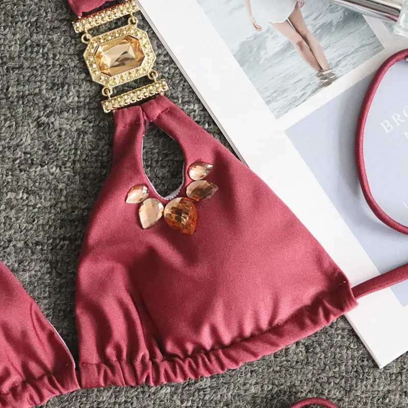 2024 Rhinestone Two 2 Piece Swimsuit Fa Luxury Crystal Sexy Thong String Bikini Set Women Swimwear Beach Wear Bathing SuitXJ241212