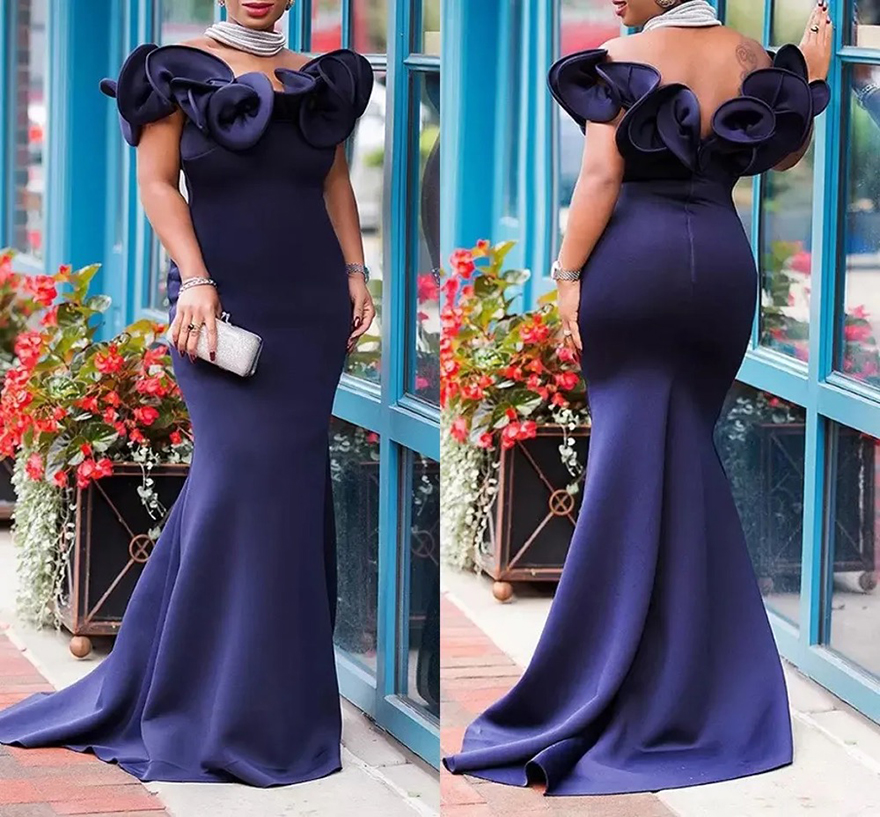 Ruffles Shoulder Off Bridesmaid Dresses Long Elegant Satin Plus Size African Maid of Honor Gowns Sweep Train Mermaid Arabic Wedding G