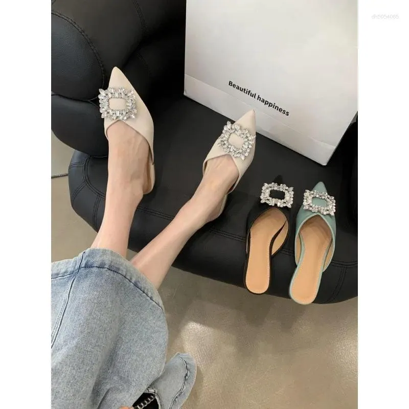 Slippers Female Shoes Pointed Toe Casual Slides Shallow Thin Heels Jelly Flip ps Low 2024 Cover Glitter Crystal Rubber