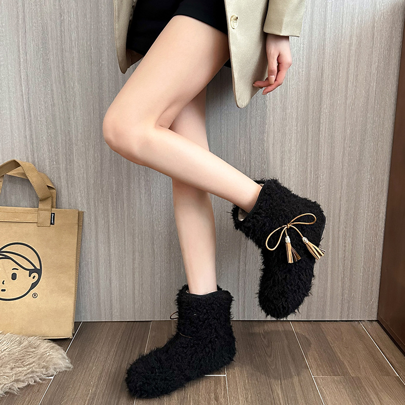Women Boots:Plush hot Cute Designer Shoes New British Style Round Toe Flat Bottom Warm Snow Boots,Black/White/Coffee,Free shipping