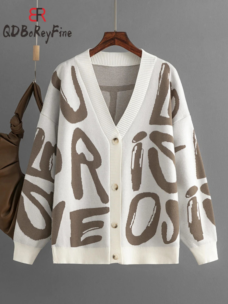 Winter Autumn Women Oversized Cardigan Letter Printed VNeck Korean Fashion Long Sleeve Tops Casual Knitted Sweater for 241211