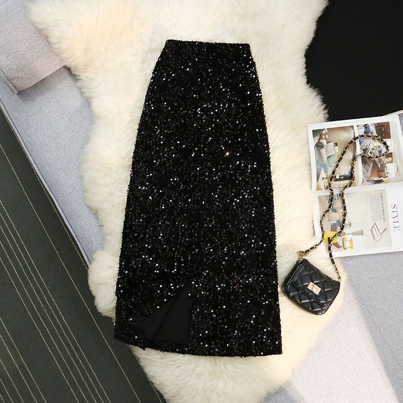 D3028Black skirt shiny long skirt large size shiny skirt spring autumn winter