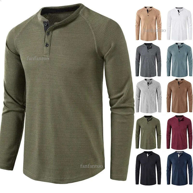 Fashion Waffle Cotton T Shirt Men 2024 Autumn Slim Fit Long Sleeve Henley Tshirt Streetwear Casual Solid Color TShirt 240815