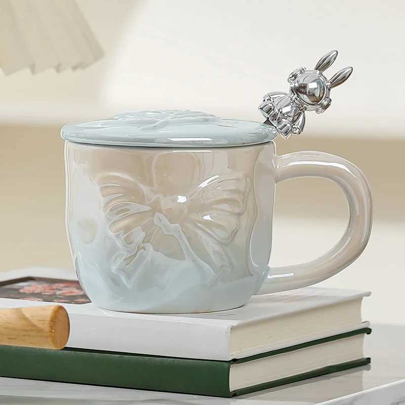 Creative Gradient g Pearlescent Gla Ceramic g Bow Tie Coffee g Lid n Spoon Gift for Friends and Family Y241211