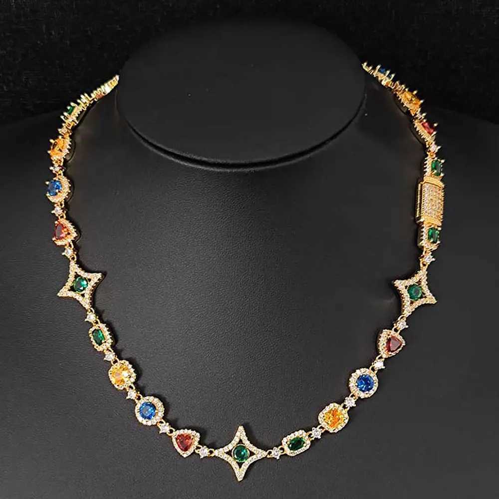 Pendant Necklaces Hip hop Jewelry Womens Colored Zircon Ice Green/Blue/Red/Yellow Crystal Gemstone Chain Necklace Gold Plated Q241212