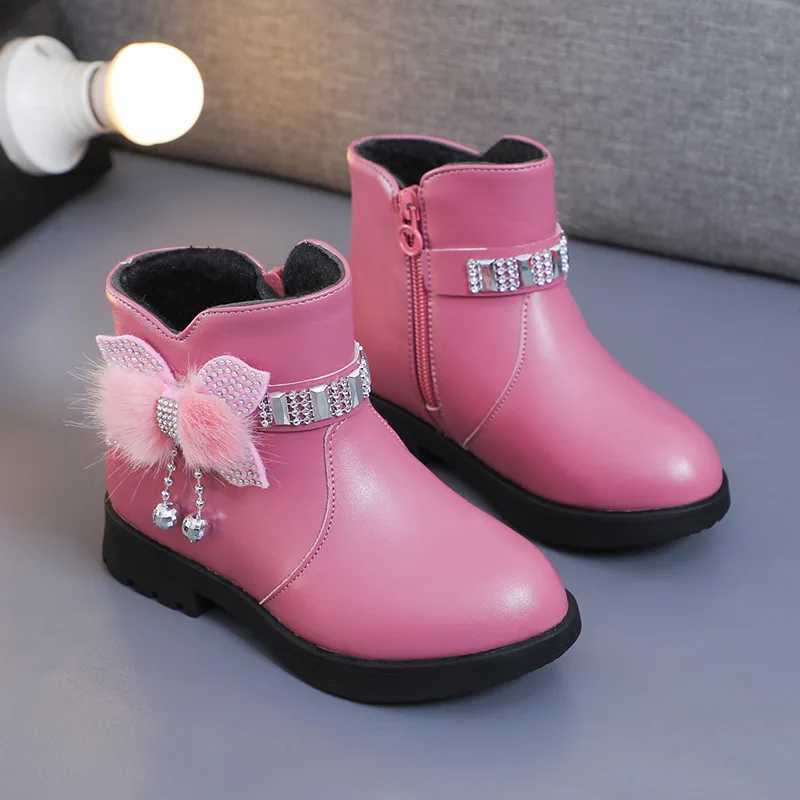 Boots Girls Children Princess Shoes with Butterfly Knot Soft Sole High Top Studded Kids Casual PU Leather Pure Color H241212T8QQ
