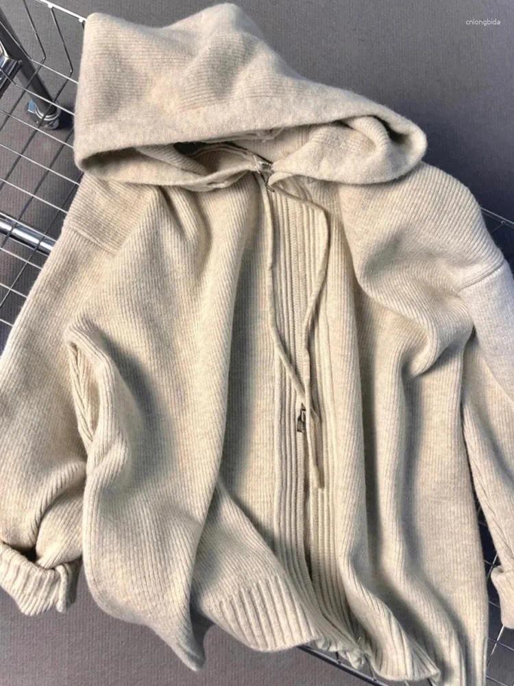 Womens Hoodies Knitted For Women Vintage Casual Fashion Sweatshirts Solid Loose Long Sleeve Zipper 2024 Autumn Winter