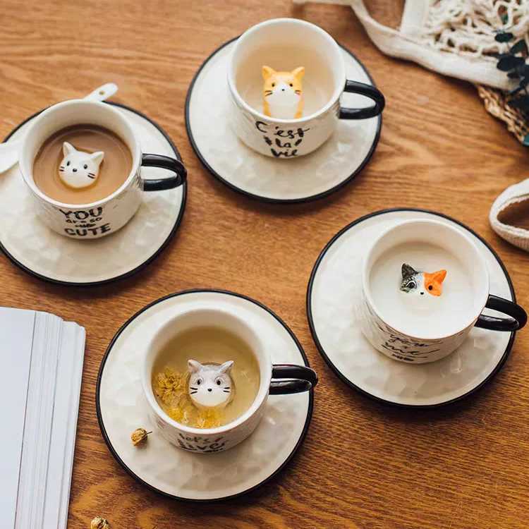 Cute little cat ceramic cat paw cup afternoon tea coffee cup ceramic cup with plate suitable for couples and children to drink milk Y241211