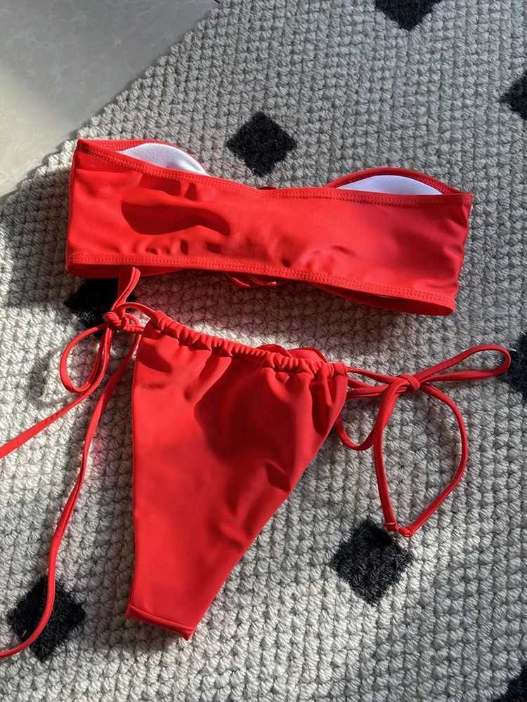 OIINAA Swimsuit Women Sexy Soild Color Bikini Set 3D Floral Swimwear Split Strapss Two-Piece Biquini Lace Up Bathing Suit 2024XJ241212