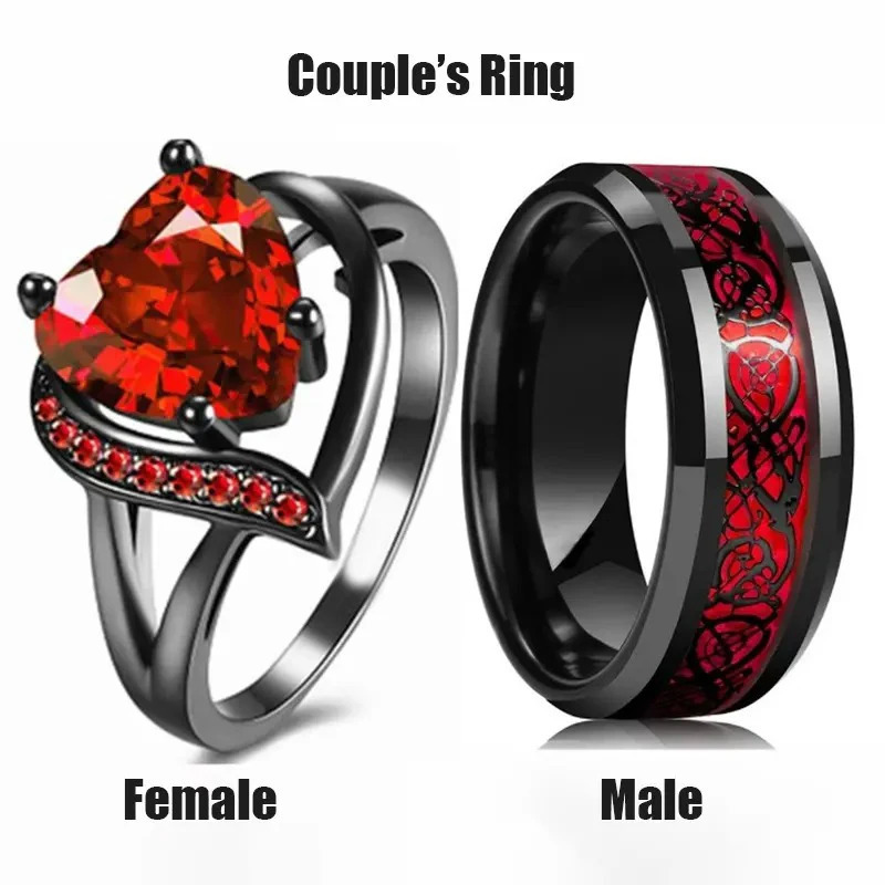 Fashionable couple ring romantic womens red heart zircon mens stainless steel Celtic dragon wedding jewelry 241210