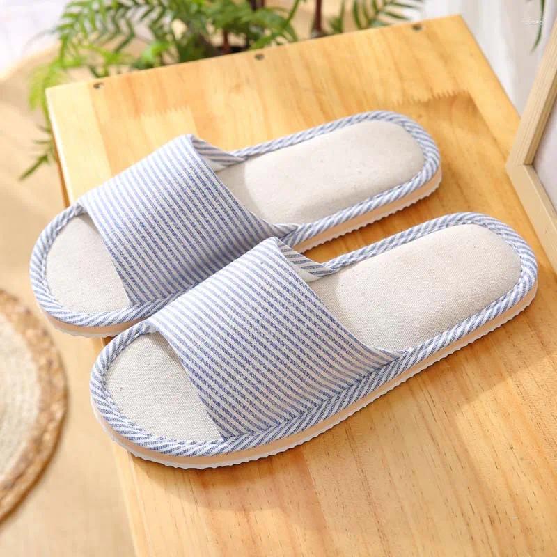 Slippers 2024 All Seasons Women's Linen Men Comfortable Slides Adults Open Toe Soft Flats Silent Home Sandals Couples Shoes