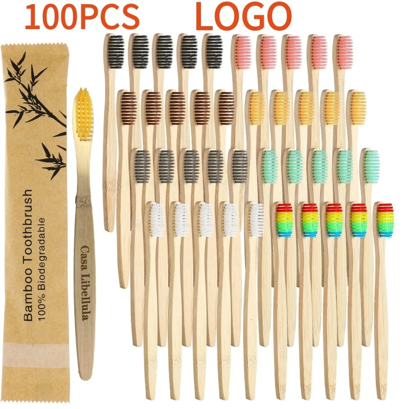 100 pieces of biodegradable and environmentally friendly natural bamboo charcoal toothbrush soft bristle travel wood manual toothbrush laser 241212