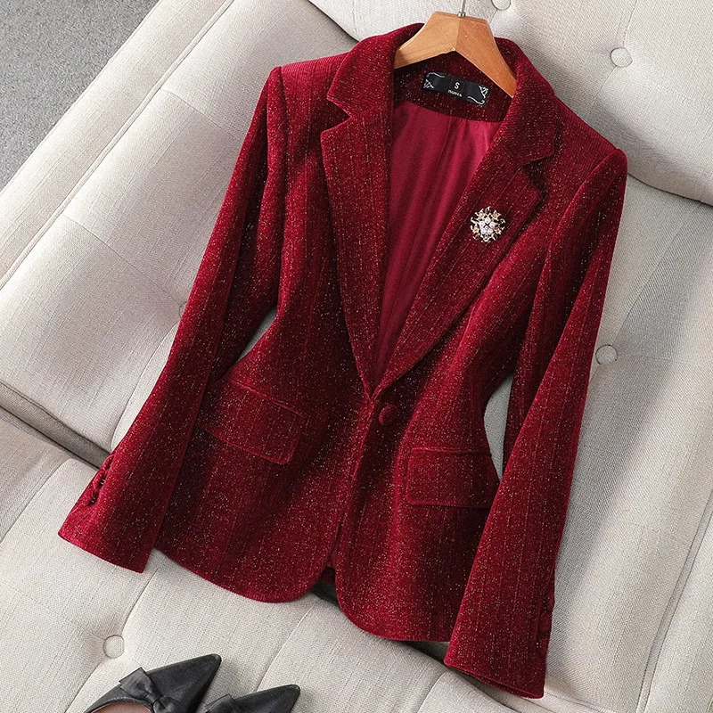 Gorgeous Blazers Women Fashion Slim Golden Velvet Elegant Temperament Blazer Coat Commuting Autumn Winter 241209