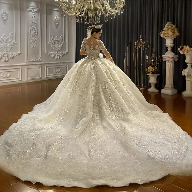 Gorgeous O-neck Long Sleeve Dress Sequins Beaded Wedding Gown Dubai Sweep Train Bride Robe Customized Vestido De Novia