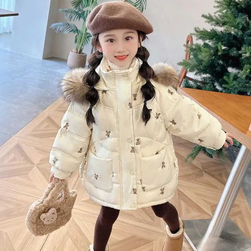 Girls Winter New Teddy Bear Embroidered Cute and Fashionable Windproof Warm Big Fur Collar Hooded Cotton JacketXJ241211