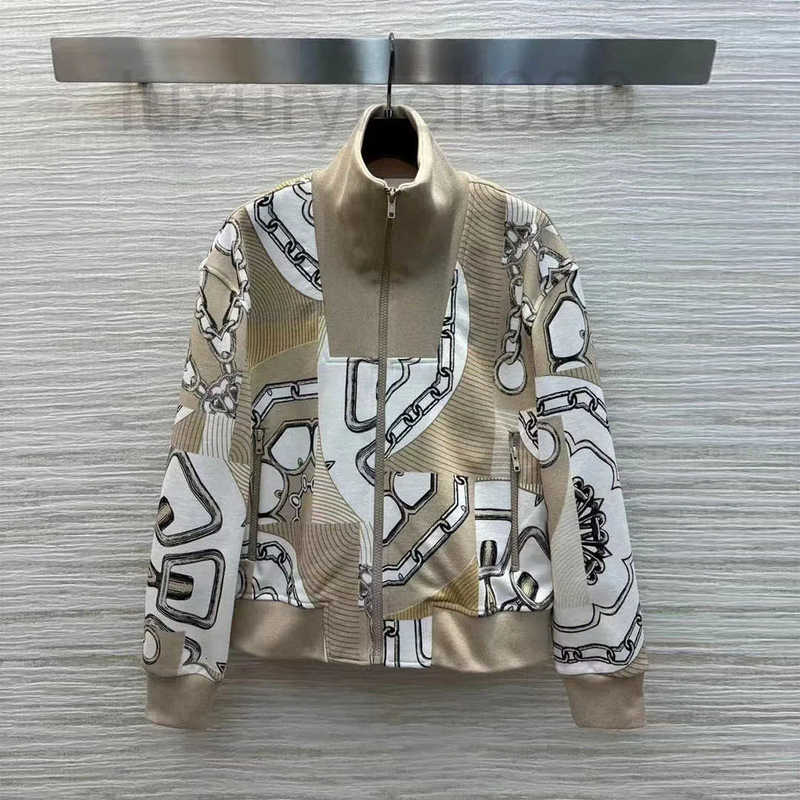Women's Jackets Designer Fashion Design Chains Print Patchwrok Khaki Zipper Jacket Women Turtleneck Long Sleeve Loose Casual Coat FZOY