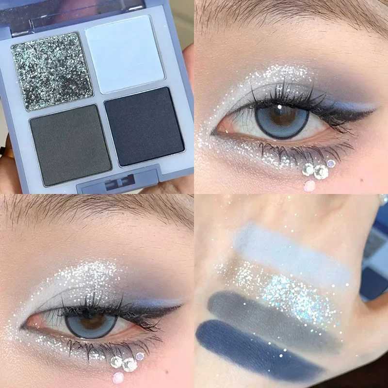 4-color glitter blue eye shadow palette matte fine glitter acrylic eye shadow palette durable waterproof eye shadow cosmeticsW241212