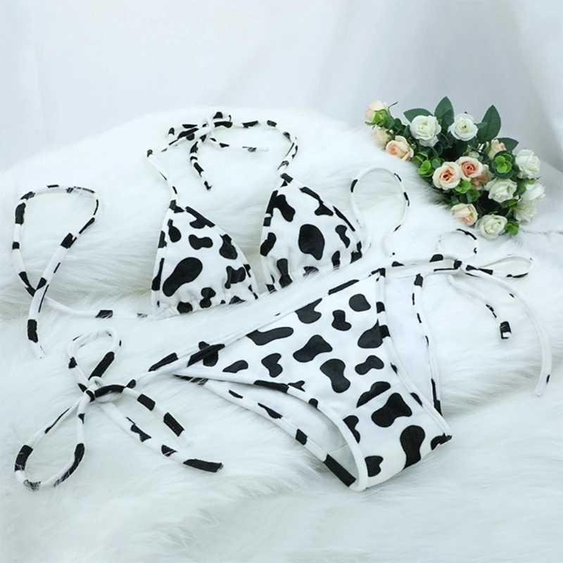 Womens Bikini Set Japanese Sty Cute Milk Cow Dotted Mini Bikini Sets Underwear Halter Neck Bras Top with Bris PantyXJ241212
