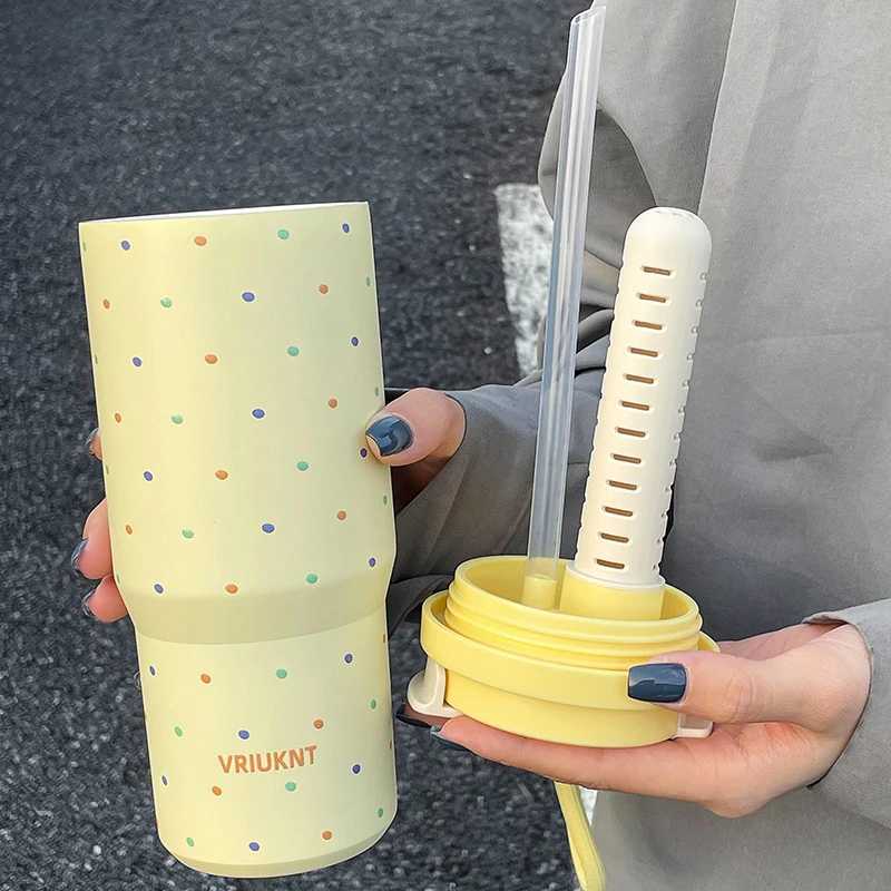 1Pc girl polka dot stainless steel insulated cup 750ml car cup desktop coffee cup water cup Y241211