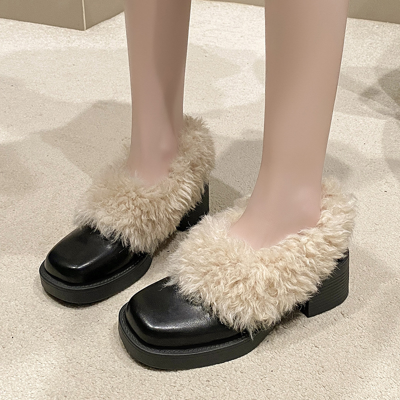 Women Casual Shoes:In Stock Square Toe Plush Warm Coarse Heel Loafers Shoes French Mary Jane Shoes Leather Shoes,Black/Brown,Free shipping