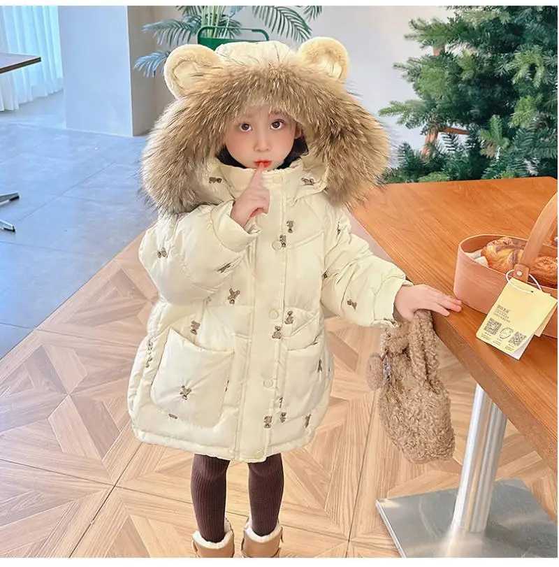 Girls Winter New Teddy Bear Embroidered Cute and Fashionable Windproof Warm Big Fur Collar Hooded Cotton JacketXJ241211