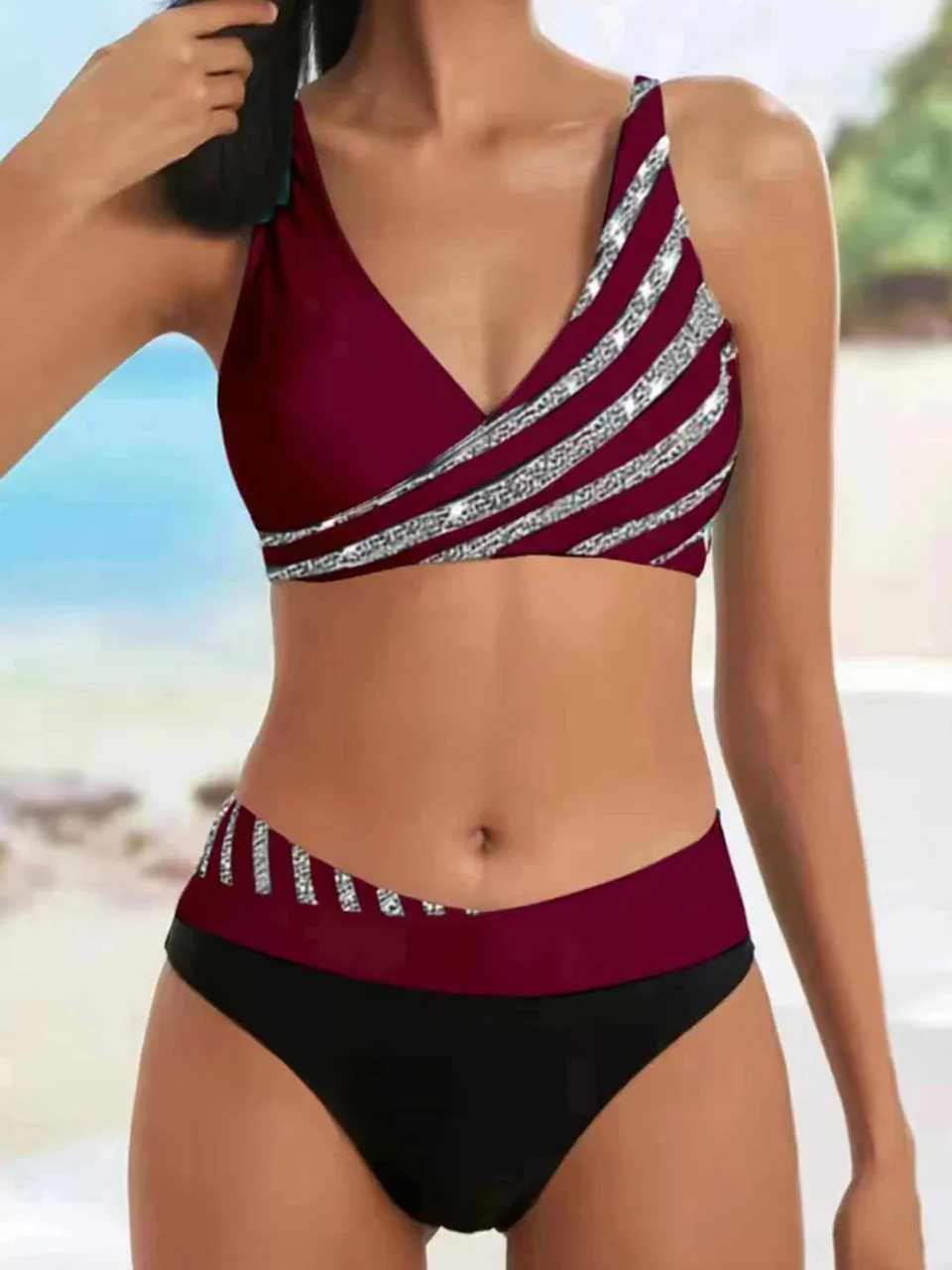 V Neck Bikini Set 2024 Women Stripe Print Patchwork Swimwear Summer Beachwear Swimsuit Fa Bathers Bathing Swimming Suit 2XLXJ241212