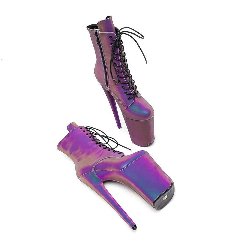 23Cm/9Inches Holographic Reflect Light Pu Pole Dancing Shoes Luminous Discolored High Heel Platform Ankle Boot