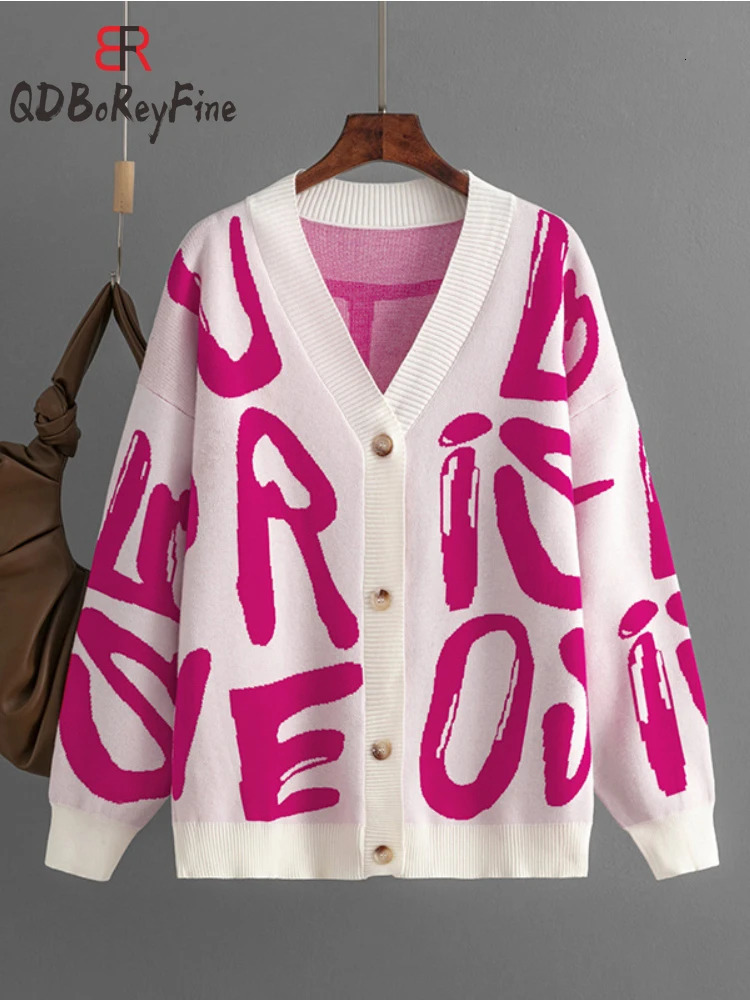 Winter Autumn Women Oversized Cardigan Letter Printed VNeck Korean Fashion Long Sleeve Tops Casual Knitted Sweater for 241211