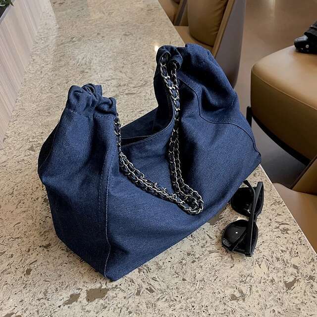 Denim Shoulder Tote Bag for Women - Chic, hot Large Capacity, Big Chain, Pure Color